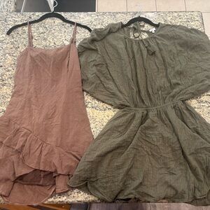 Olive Green V-Neck Linen Dress with Puff Sleeves & Muave Dress Lot